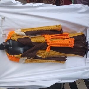 Vintage handmade crochet duster cardigan, open front, Belted, Earthtone, Sz L/XL